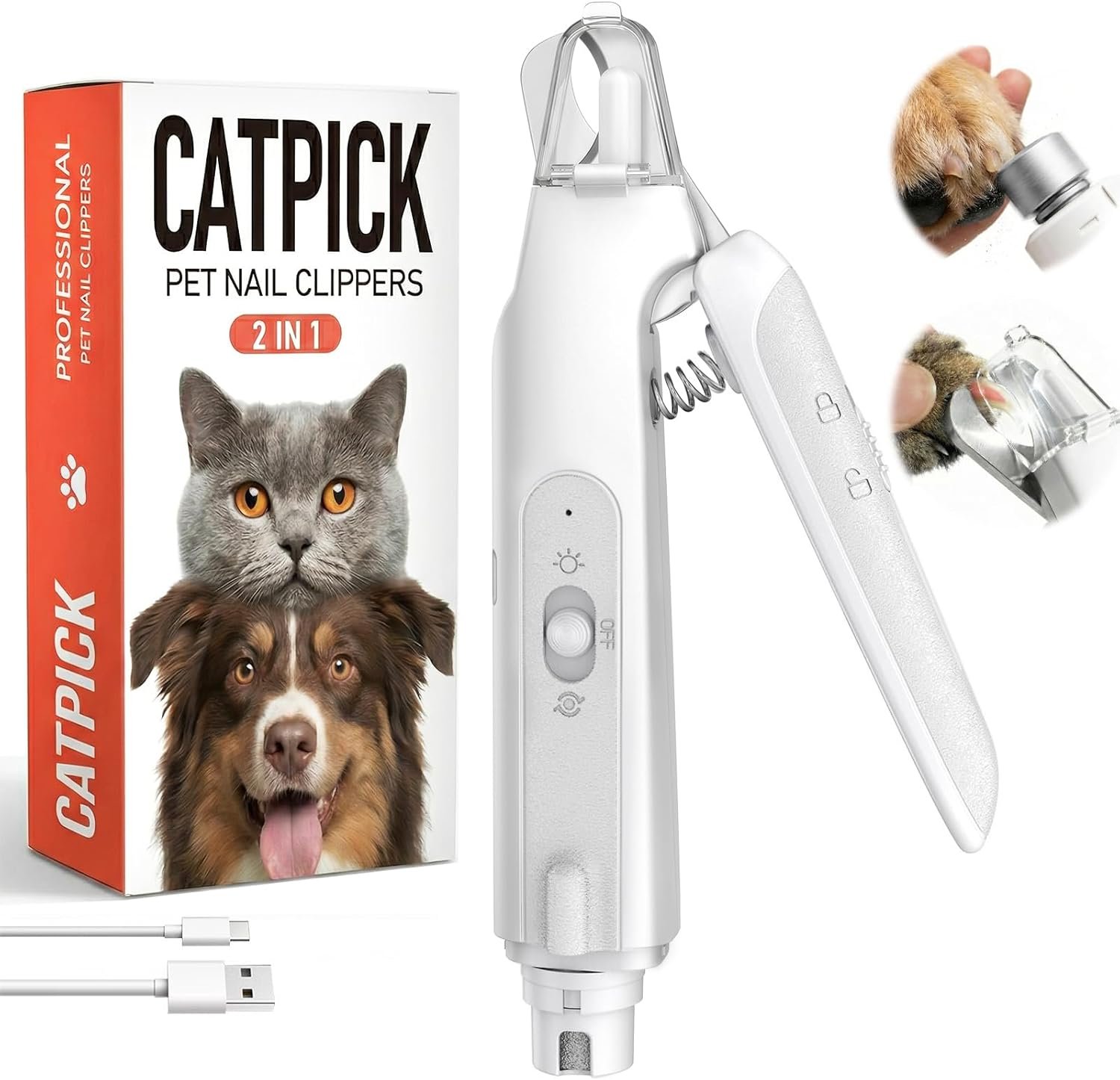 2-in-1 Dog & Cat Nail Clipper with Grinder – Dual Highlight LED Reduce Over-Trimming, Long Battery Cordless USB-C Rechargeable, Safety Lock & Catcher Cap, Quiet Home Grooming for Small Large Pets