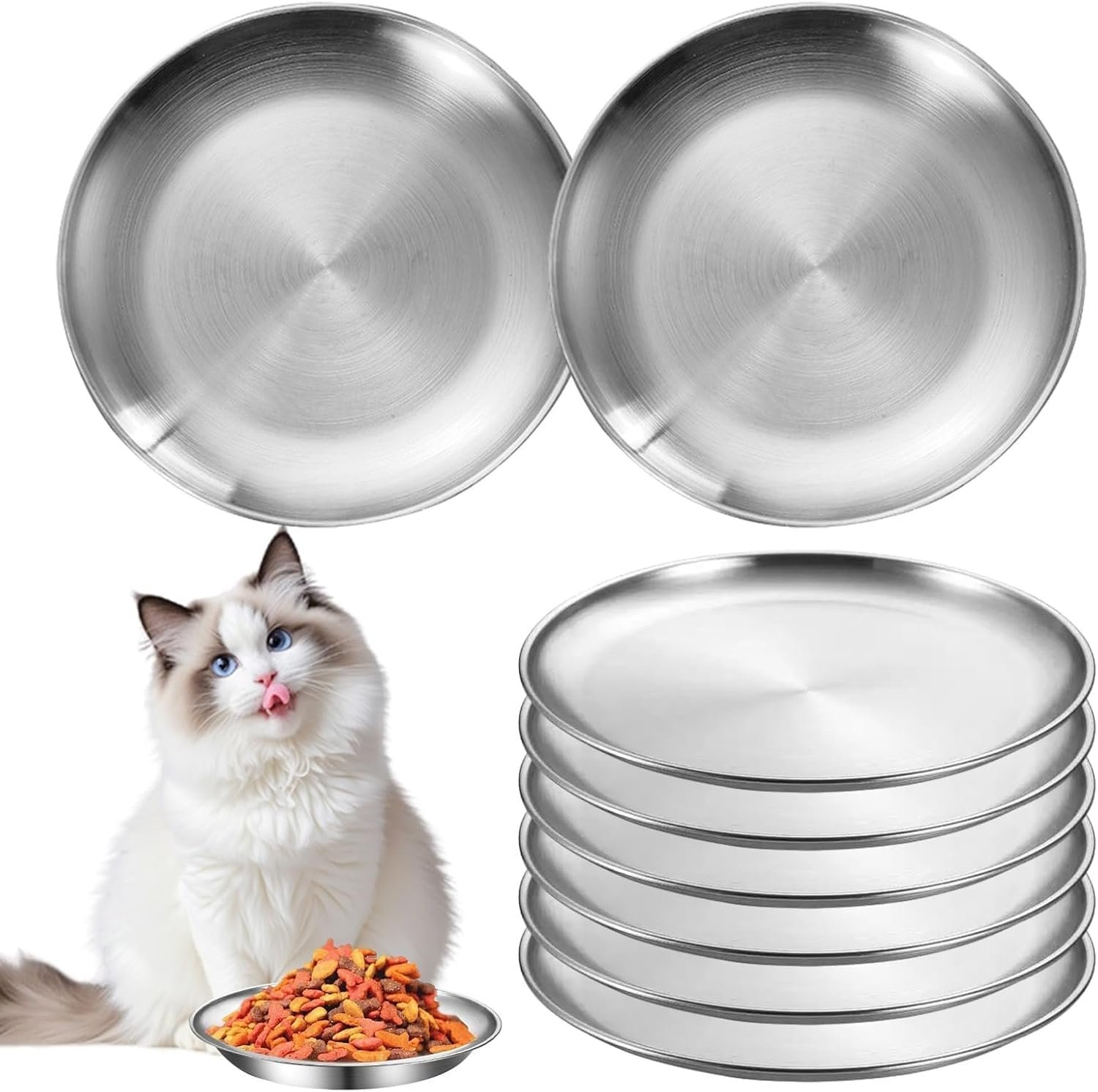 [6-Pack] Stainless Steel Cat Bowls, 6.7″ Whisker Friendly Fatigue Cat Bowl, 304 Food-Grade Stainless Steel Cat Dishes, Shallow Wet Feeding Bowl, Easy to Clean Indoor Feeding Flat Plates for Cat, Dog