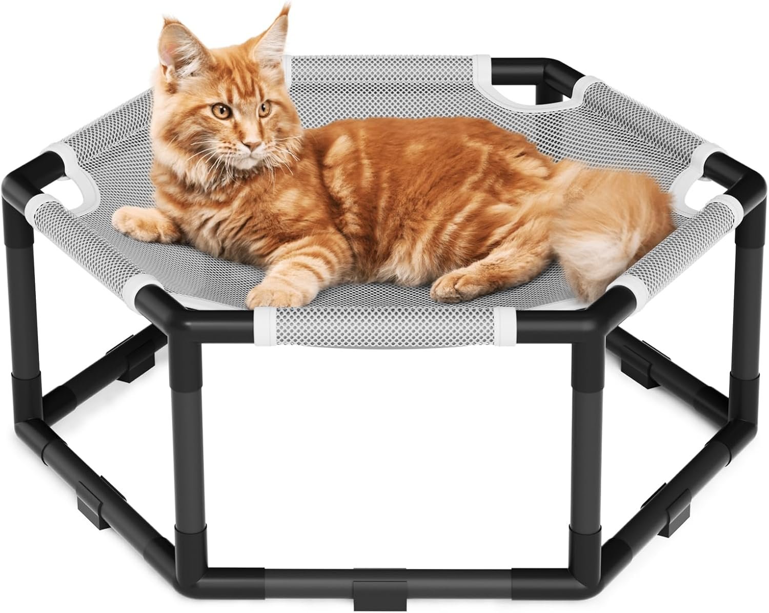 Tresbro Elevated Cat Hammock Bed, Hexagon Raised Cat Swing Bed for Indoor and Outdoor Use with Breathable Fabric & Anti-Slip Block, 20.5” x 18” x 9.4” Pet Chair for Large to Small Kitty Cot