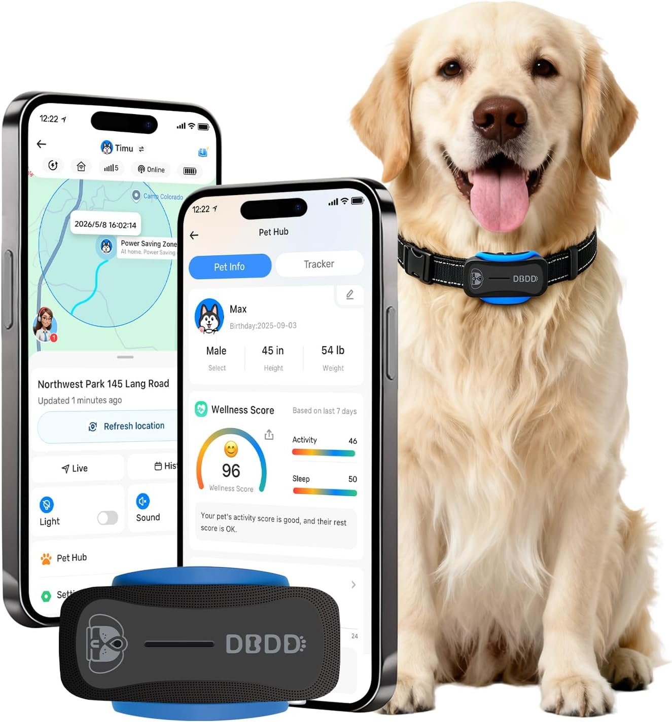 DBDD Smart Dog GPS Tracker (Black) – Real-Time Location Finder with Virtual Fence, AI Health Monitor & Waterproof Design for Escape Artists, Medium to Large Dogs (30lbs+), iOS & Android