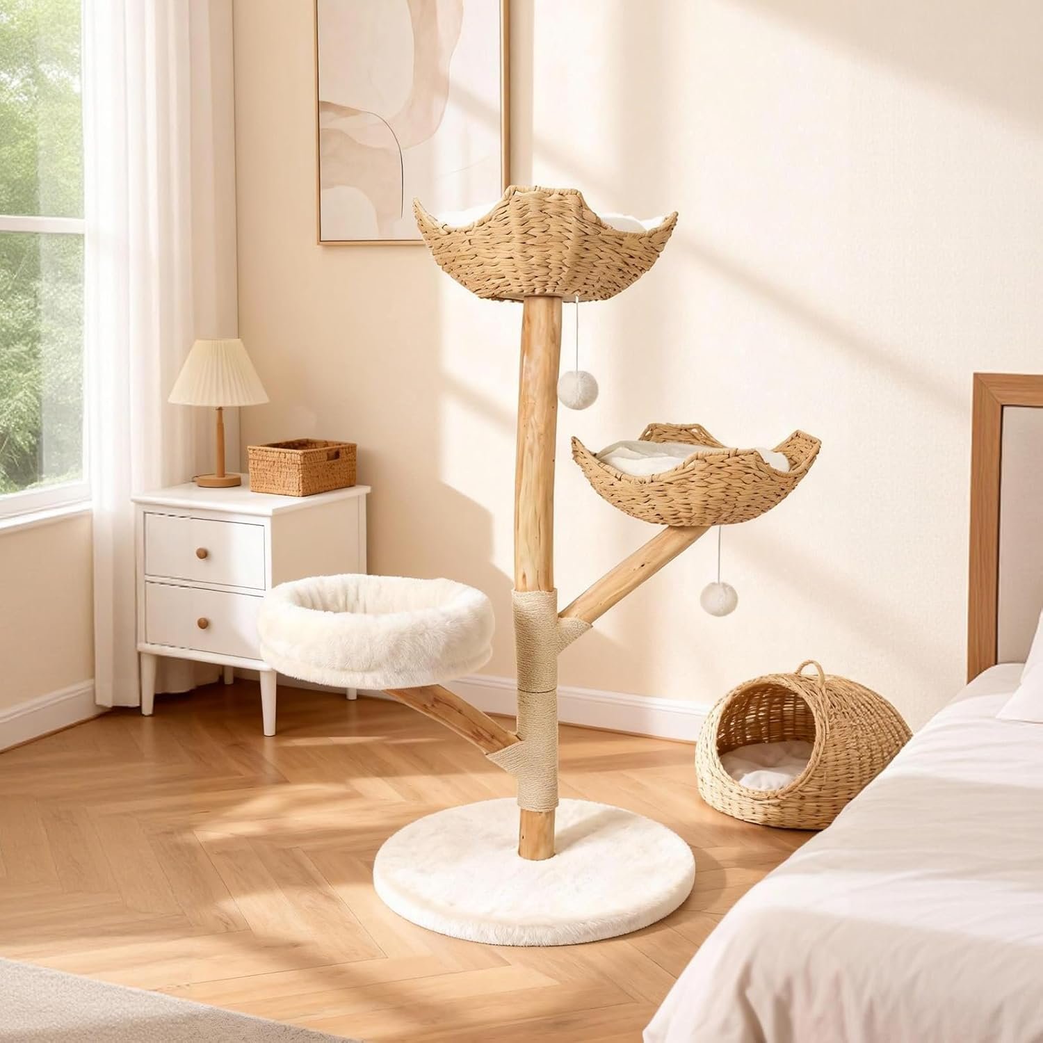 Wood Modern Cat Tree Tower for Large Cats, 47″ Tall Cat Climbing Tower with Scratching Post, Luxury Cat Tree for Indoor Cats Large Adult, White