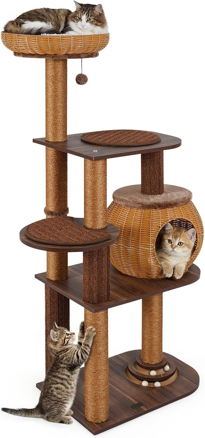 PETSITE 59.5-inch Tall PE Rattan Cat Tree, Multi-Level Modern Wooden Cat Tower with Sisal Scratching Posts, Ball Track Toy, Comfy Condo with Removable Soft Pads, and Hanging Ball, Ideal for Indoor Cat