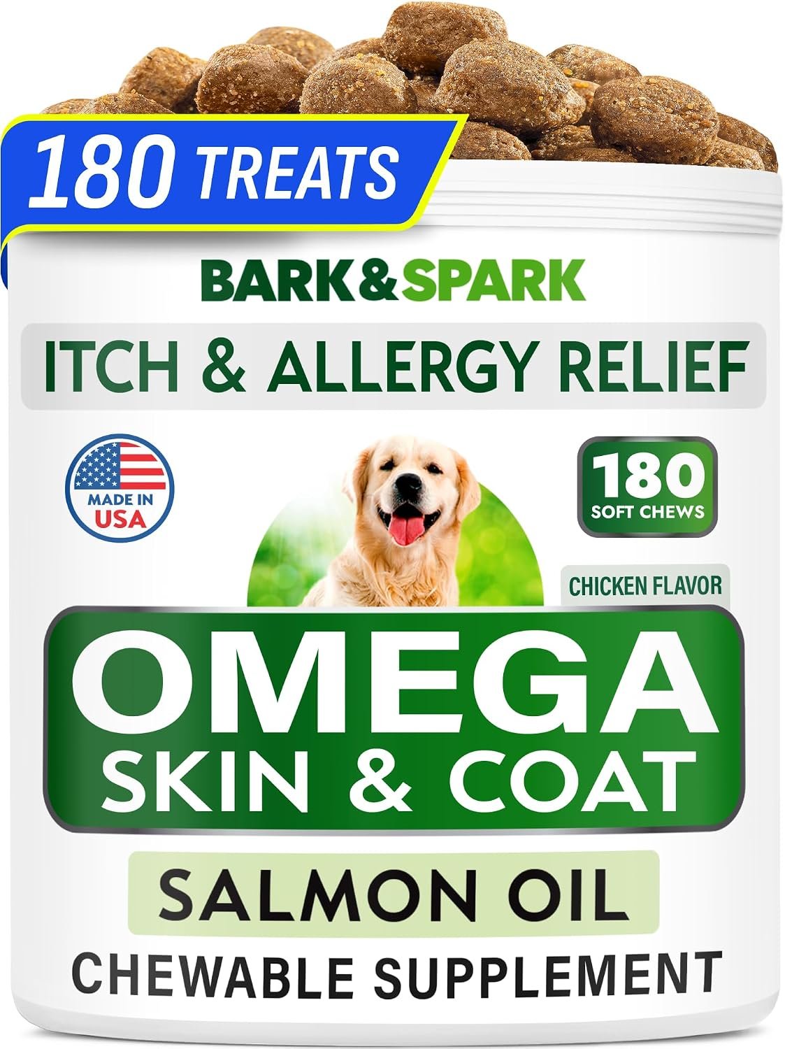 BARK&SPARK Omega 3 for Dogs – 180 Fish Oil Treats for Dog Shedding, Skin Allergy Chews, Itch Relief, Hot Spots Treatment – Joint Health – Skin and Coat Supplement – EPA & DHA Fatty Acids – Salmon Oil