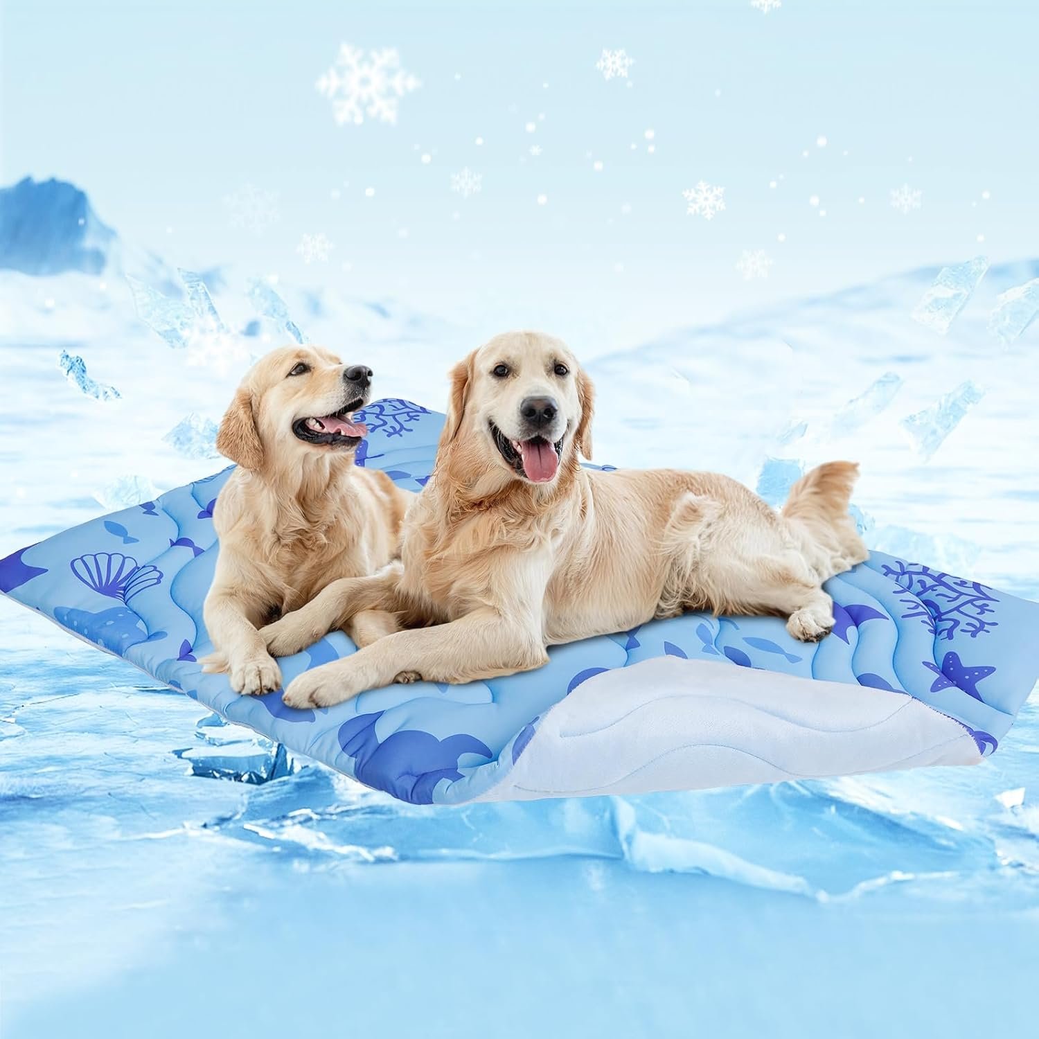 PAWCHIE Summer Dog Cooling Mat, Reversible Self-Cooling Mat for Large Dogs, Washable Pet Ice Cool Pad Blanket, Pet Sleeping Pad for Crate, Bed, Indoor & Outdoor Floor, Car Seats, Blue 48” x 28”