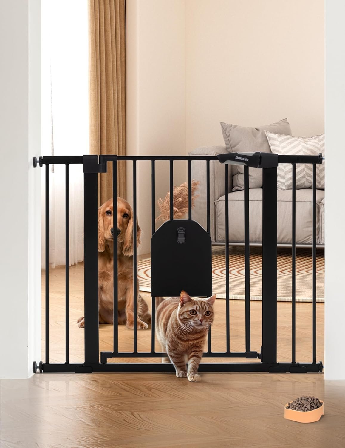 Babelio Auto Close Baby Gate with Cat Door, CatPrivilege Ⅰ, 29-43″ Metal Gate for Doorway, Stairs, House, Easy Walk Thru with Pet Door, Includes 4 Wall Cups and 3 Extension Pieces, Black