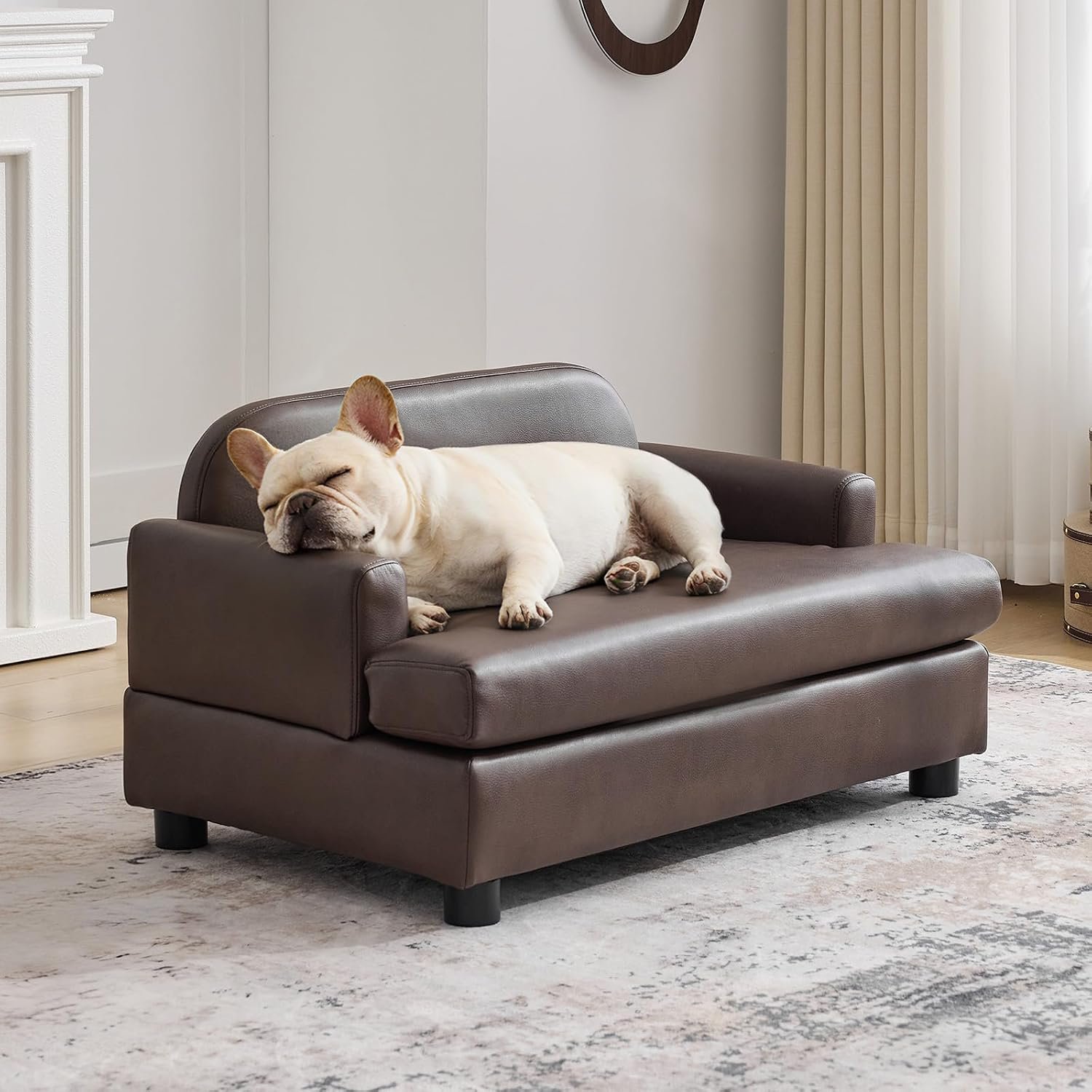 Luxury Dog Sofa Bed Elevated Pet Couch with Durable Waterproof Leather & Orthopedic Sponge – Modern Furniture Style Dog Lounge & Pet Bedside Step for Small/Medium Dogs/Cats, Brown