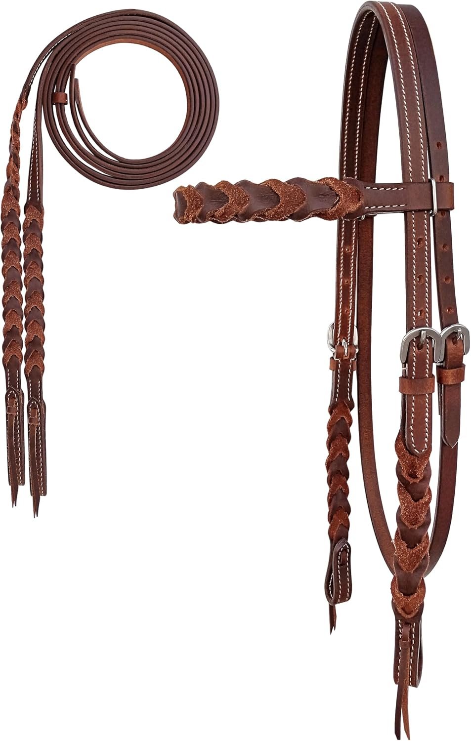 CHALLENGER Horse Western Knotted Bosal Rawhide Hanger Headstall w/Braided Reins 78J04