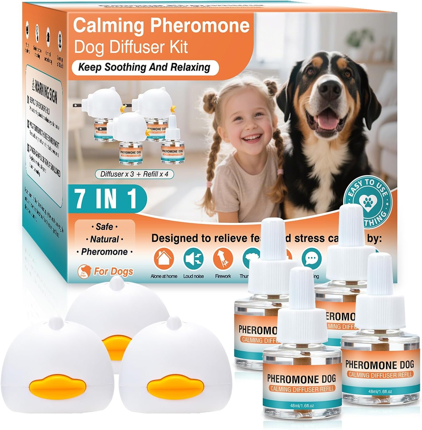 Dog Calming Pheromone Diffuser Tasteless Anxiety Relief for Dogs 7 in1 Kit (3 Plug in Units + 4 Refills 48ml Each) Helps Reduce Aggression Barking Fighting Stress