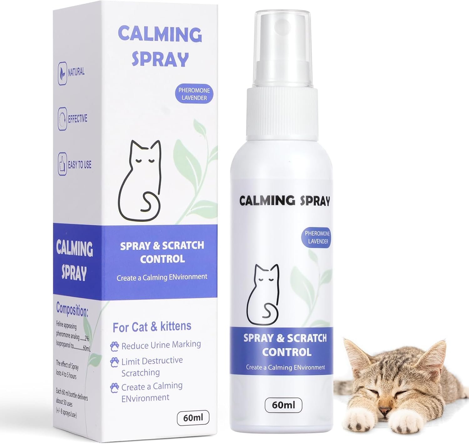AOMIG Cat Calming Spray, Cat Pheromones Calming Spray, Reduce Stress Anxiety Scratching Fighting Peeing Urine Marking Furniture, Cats Calm Pheromone Solution for Home Travel Vet Visits, 60ml