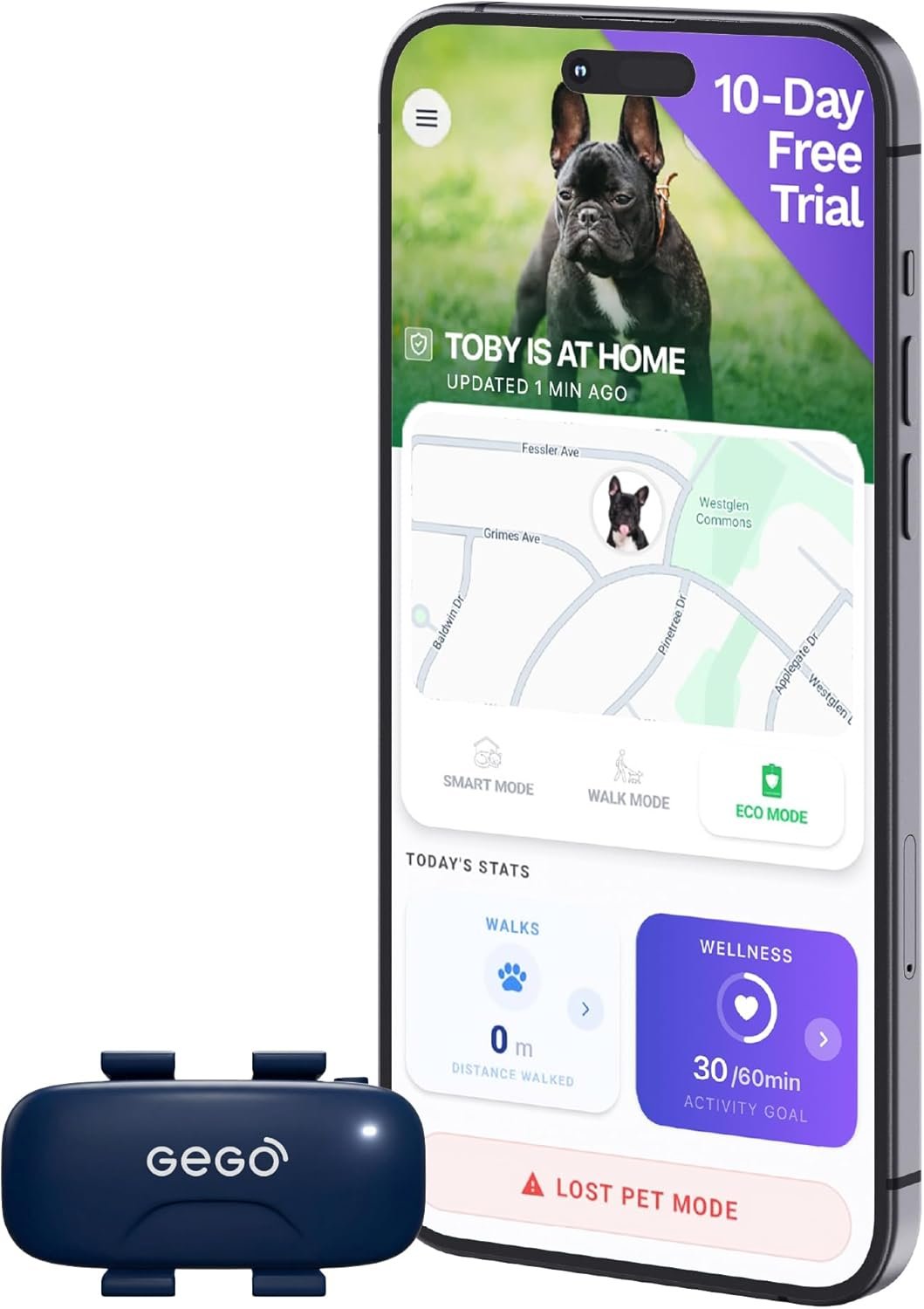 GEGO PET – Real-Time GPS Pet Tracker for Dogs & Cats, Unlimited Range, Safe Zones, Escape Alerts, Location History, Activity & Wellness Insights. Active Subscription Required