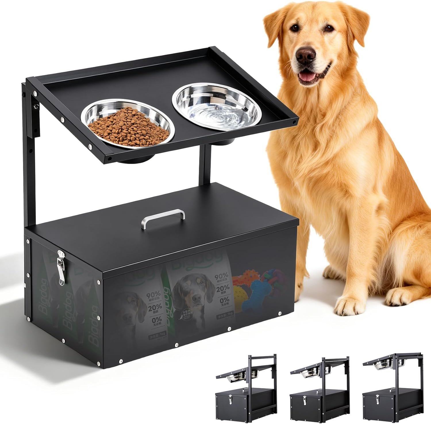 Elevated Dog Water Bowl Large Breed, 3 Adjustable Height Raised Dog Bowl with Stand, Stainless Steel Pet Food Bowl & Water Bowl with Storage Box Indoor & Outdoor Use, Easy Clean