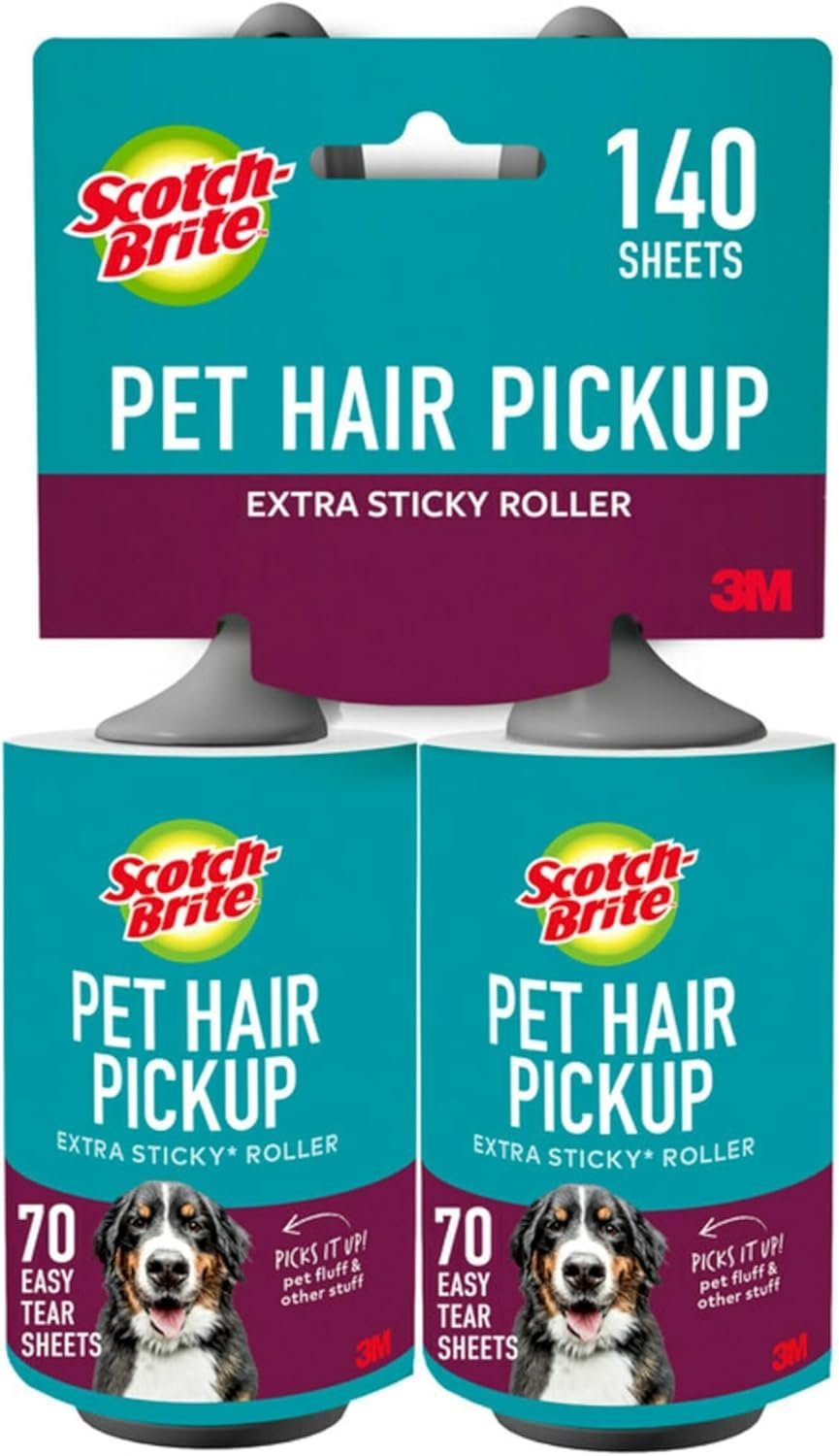 Scotch-Brite Pet Hair Pickup Extra Sticky Lint Roller, Designed for Removing Fur + Fluff on Couches, Clothes, Dog and Cat Beds, & More, 2 Pack, 140 Easy – Tear Adhesive Sheets Total