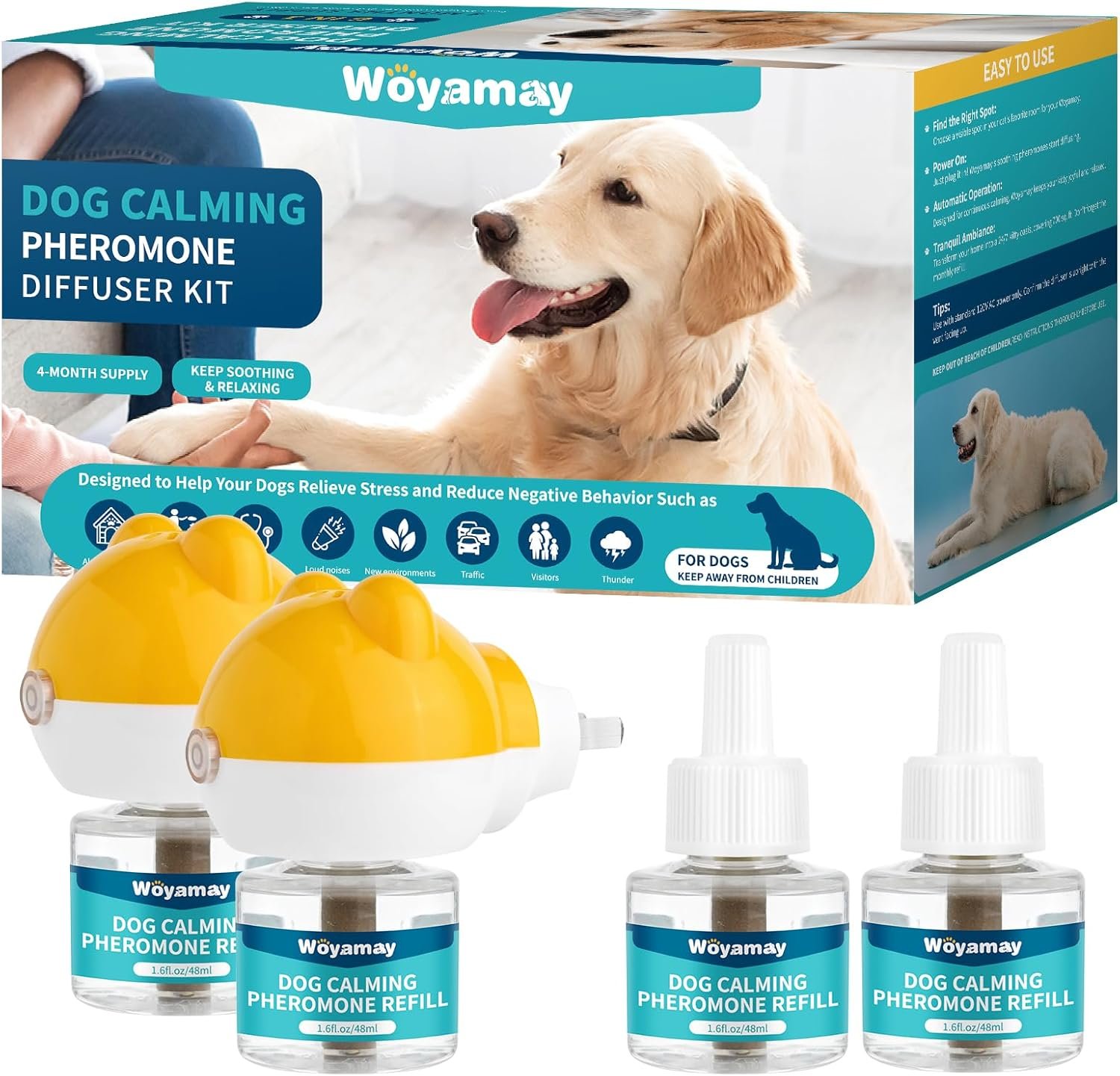 Woyamay Dog Calming Diffuser – Dog Pheromones Calming Diffuser for Dog Anxiety Relief 6-in-1 Dog Pheromone Diffuser Kit with 2 Diffuser + 4 Refill 48ml Vial – 120 Days Pheromone Diffuser to Calm Dogs