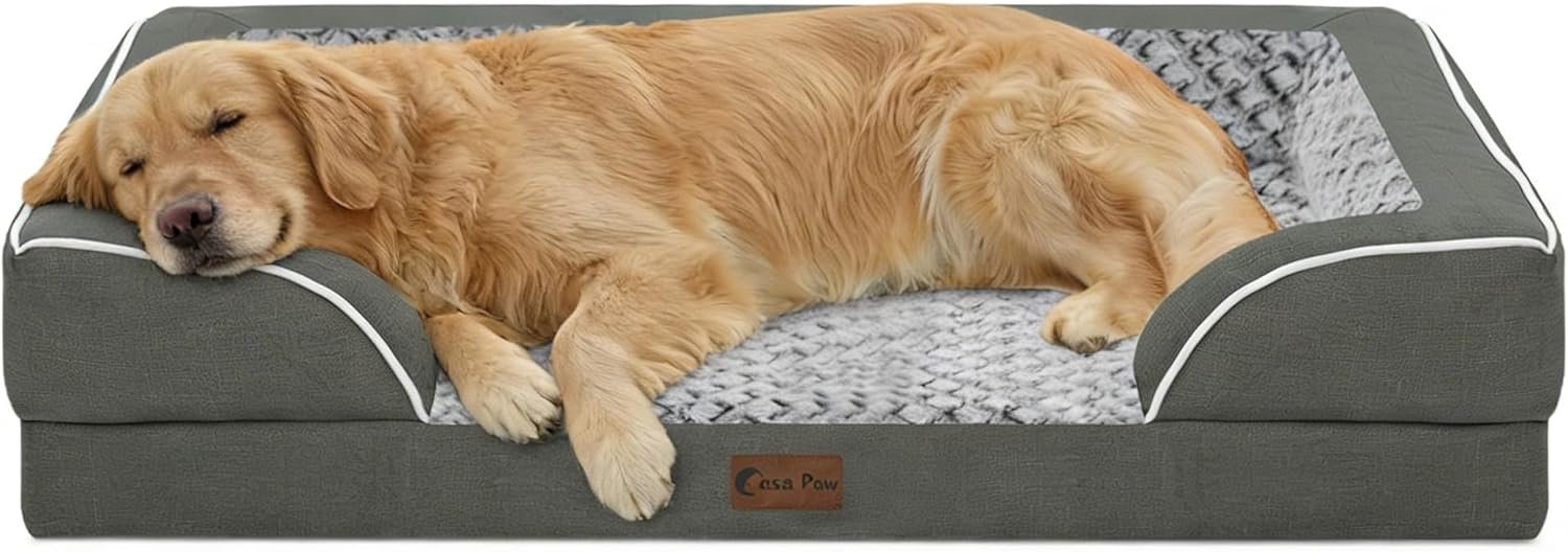 Orthopedic Dog Beds for Extra Large Sized Dogs 42×30 Inch, XL Waterproof Egg Crate Foam Dog Sofa Bed with Removable Washable Cover Big Pet Couch with Bolster & Non-Slip Bottom, Dark Grey