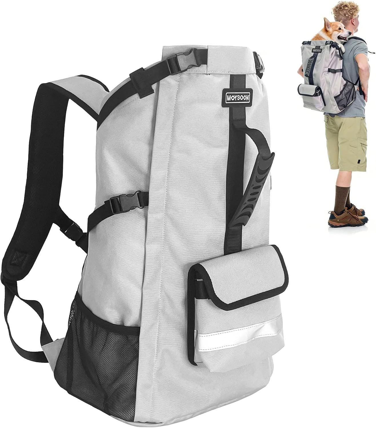 Dog Backpack Carrier for Medium Dogs – 4-Layer Protection, Under 30 lb, Waterproof, Adjustable Dog Hiking Backpack with Storage Pockets, Reflective Strips, Non-Slip Handle for Travel – Grey