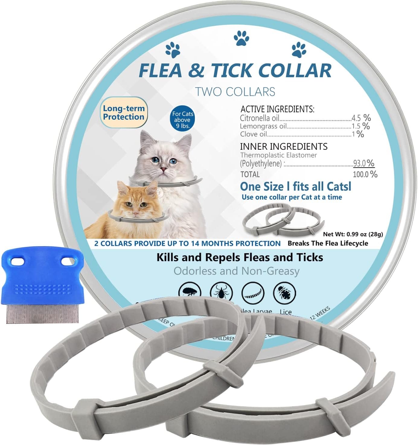 Flea and Tick Collar for Cats, 2 Pack Flea Collar for Cats, Offers 12 Months Protection, Waterproof, Adjustable, One Size Fits All Cat, Light Blue