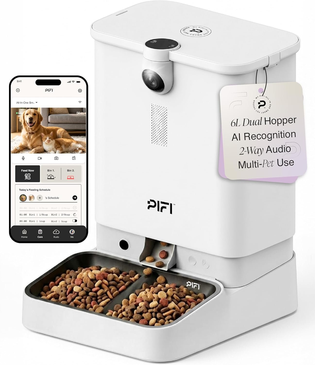 Automatic Cat Feeder with Camera, 6L Dual Hopper Cat Food Dispenser, Smart Automatic Dog Feeder, 5G 2.4G WiFi App Control, 1080P Dual HD Video, Night Vision, 2-Way Audio, Multi Cat Feeder