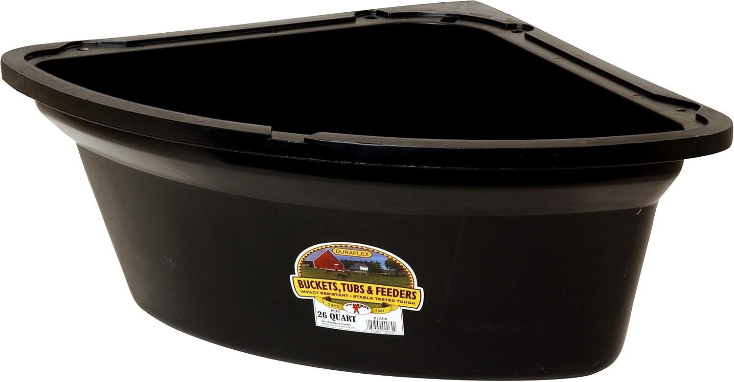 Little Giant Plastic Corner Feeder Bucket (Black) Durable & Useful Space Saving Corner Feed Trough (26 Quart) (Item No. PCF6BLACK)