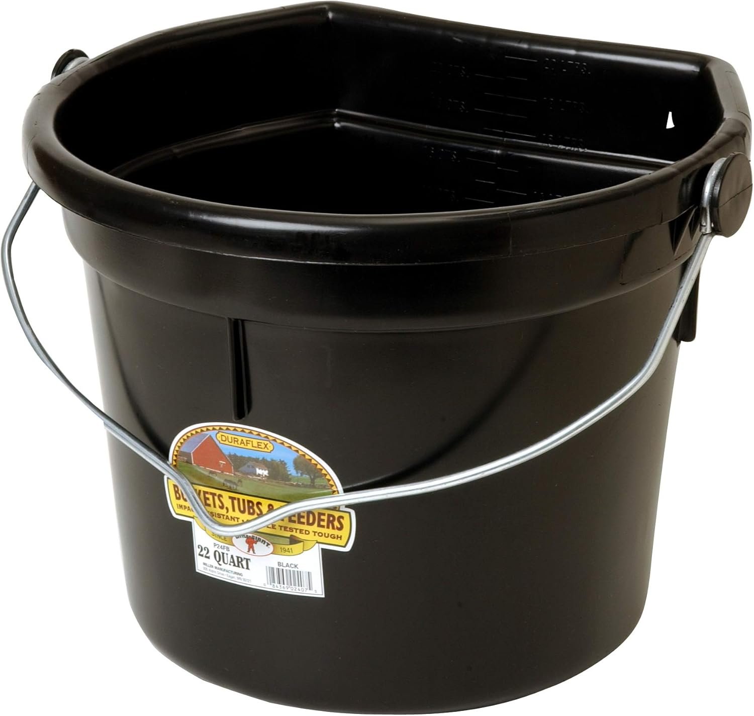 Little Giant® Plastic Animal Feed Bucket | Flat Back Feed Bucket with Knob Ball & Metal Handle | Made in USA | 22 Quarts | Black