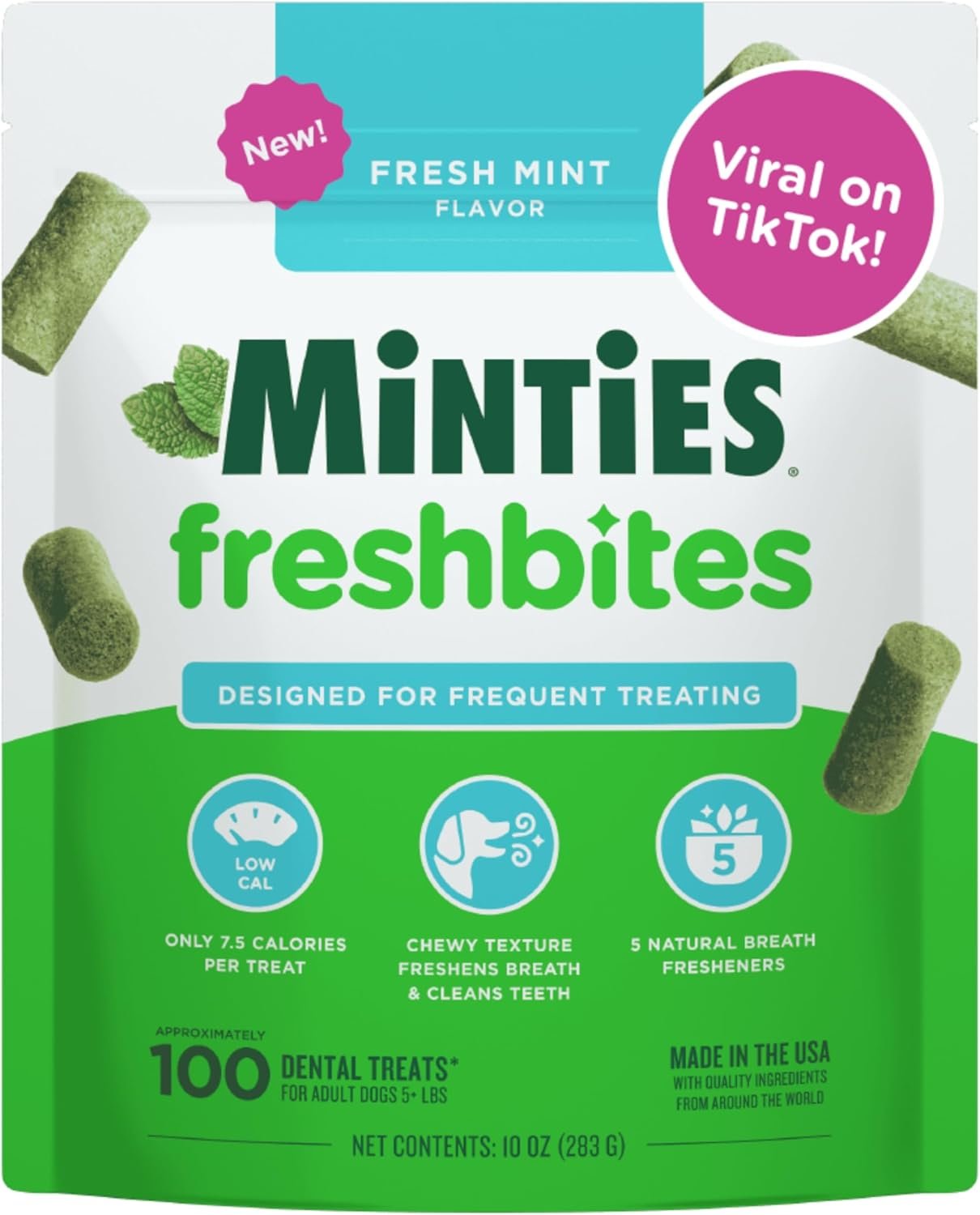 Minties FreshBites Soft and Chewy Dental Treats, Low Calorie Natural Mint Flavored Dental Chews for Dogs, 100 Count, Dog Chews Clean Teeth, Fight Bad Breath, Removes Plaque and Tartar