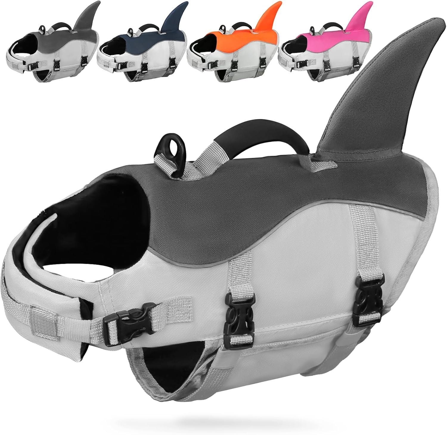 AMZNOVA Shark Dog Life Jacket, Swimming Vest with Handle, Dog Life Vest for Swimming & Boating, Ripstop & Buoyancy for Puppy Doggy, XS, Grey