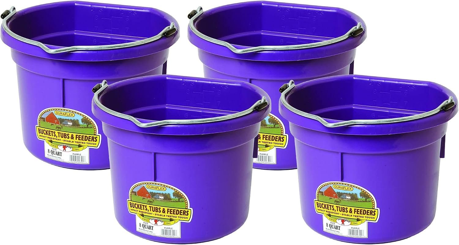 Little Giant P8FBPURPLE 2 Gallon All Purpose Heavy Duty Farm Flat Back Plastic Buckets for Supplies, Toys, Laundry, and Water, Purple, (4 Pack)