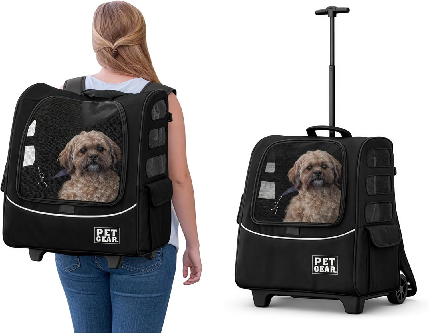 Pet Gear I-GO2 Roller Backpack, Large/X-Large Traveler Plus, Dark Charcoal | Travel Carrier, Car Seat for Cats/Dogs, Mesh Ventilation, Telescoping Handle, Storage Pouch, Included Tether