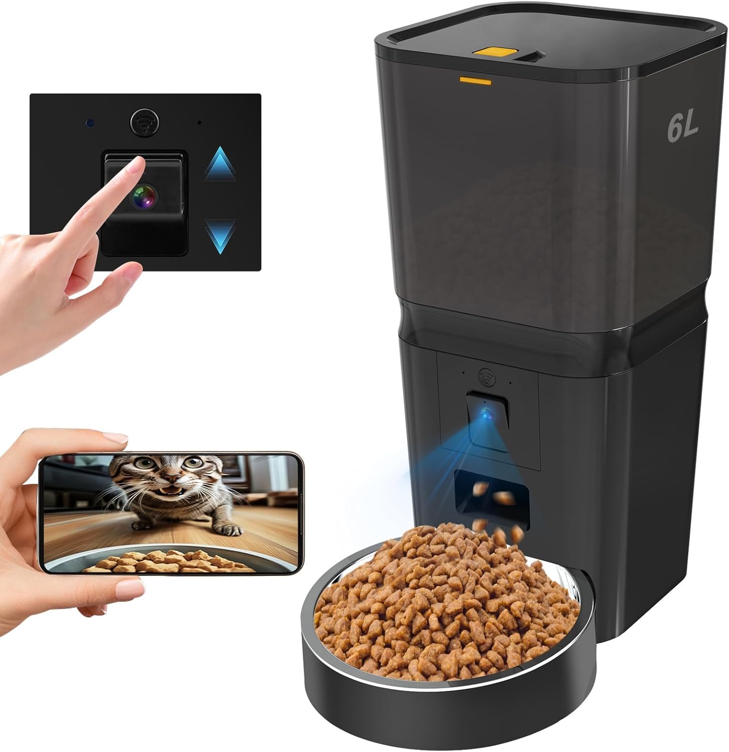 Automatic Cat & Dog Feeder with Camera, 6L Smart WiFi Pet Food Dispenser for Small Pets & Multi-Cat Homes – Timed Feeding App, Battery Backup, Voice Recorder, Night Vision & Portion Control