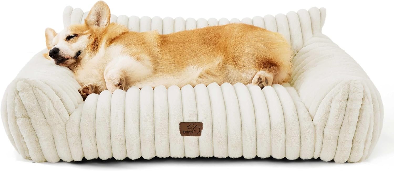 Bedsure ComfyFleece™ Cute Dog Couch for Medium Dogs – As Seen on TV on Good Day New York, Dog Couch Bed with Removable, Washable Cover, Supportive Pet Sofa, for Medium Large Dogs, 36inch, Cream