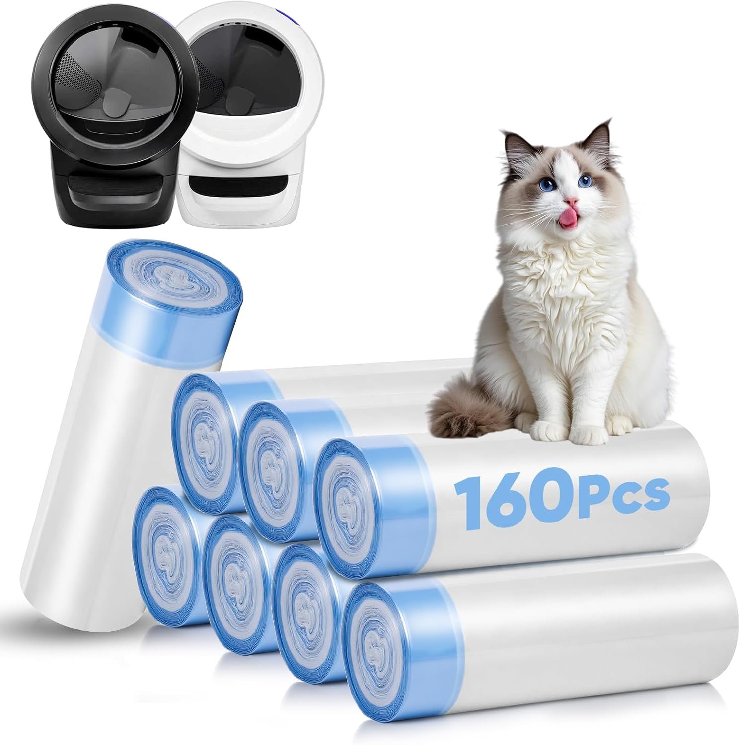 160 Count Cat Litter Box Liners Compatible with Litter Robot 3 & 4, Cat Litter Liners for Automatic Litter Box, 10-12 Gallon Heavy Duty Waste Bags with Drawstrings, 25.19″ x 15.7″
