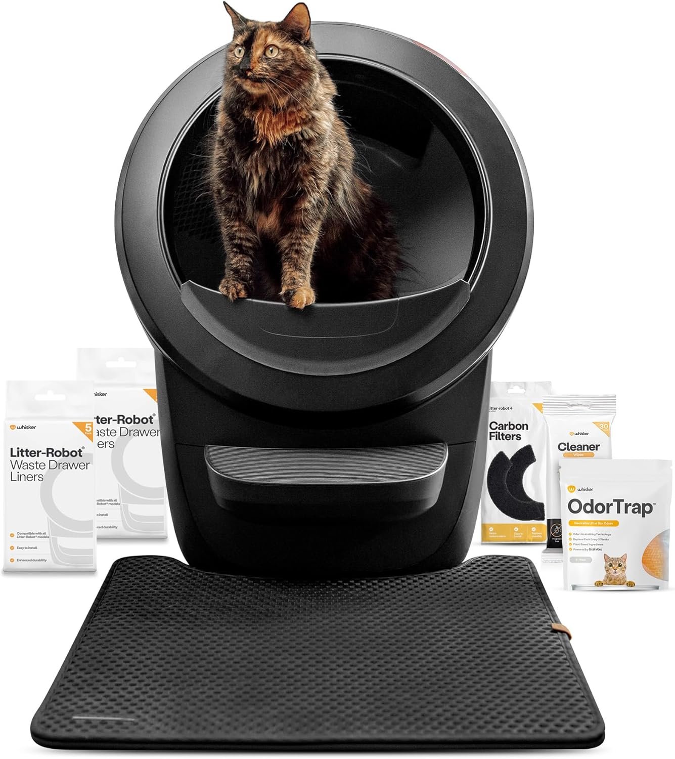 Whisker Litter-Robot 4 Supply & Accessory Bundle, Black- Automatic Self-Cleaning Cat Litter Box, Includes Litter-Robot 4, Ramp, Mat, 3 OdorTrap Packs, 10 Liners, 30 Wipes, & 2 Carbon Filters