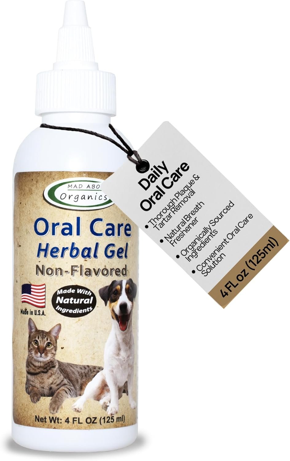 Daily Oral Care Herbal Gel for Dogs & Cats – Non-Flavored, Fast-Acting Plaque & Tartar Remover, Naturally Freshens Breath, Easy to Apply for Complete Dental Care, 4oz Bottle