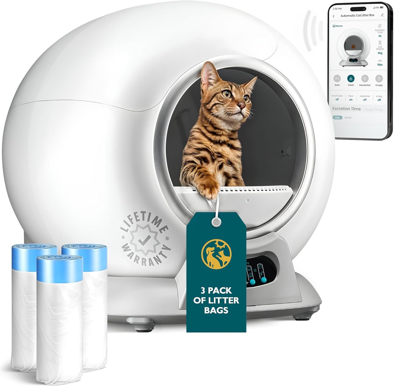 Petcove Automatic Self Cleaning Litter Box for Multiple Cats – PurrTek with Smart App (5GHz Wi-Fi), Triple Odor Control, Quiet Operation & Advanced Safety Sensors