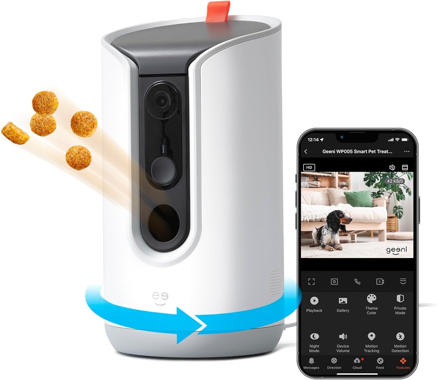 Geeni Pet Treat Dispenser with Camera – 2K HD WiFi Enabled, Dog and Cat Automatic Smart Feeder, Two-Way Audio, Night Vision, Auto-Follow, Remote Access with App, Alexa and Google Compatible, White