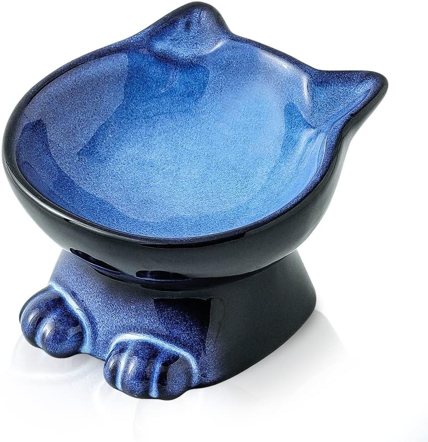 Nihow Slanted Elevated Cat Bowls: 5 Inch Ceramic Raised Cat Food Bowl for Protecting Pet’s Spine – Microwave & Dishwasher Safe -Elegant Blue & Black (4.5 OZ /1 PC)