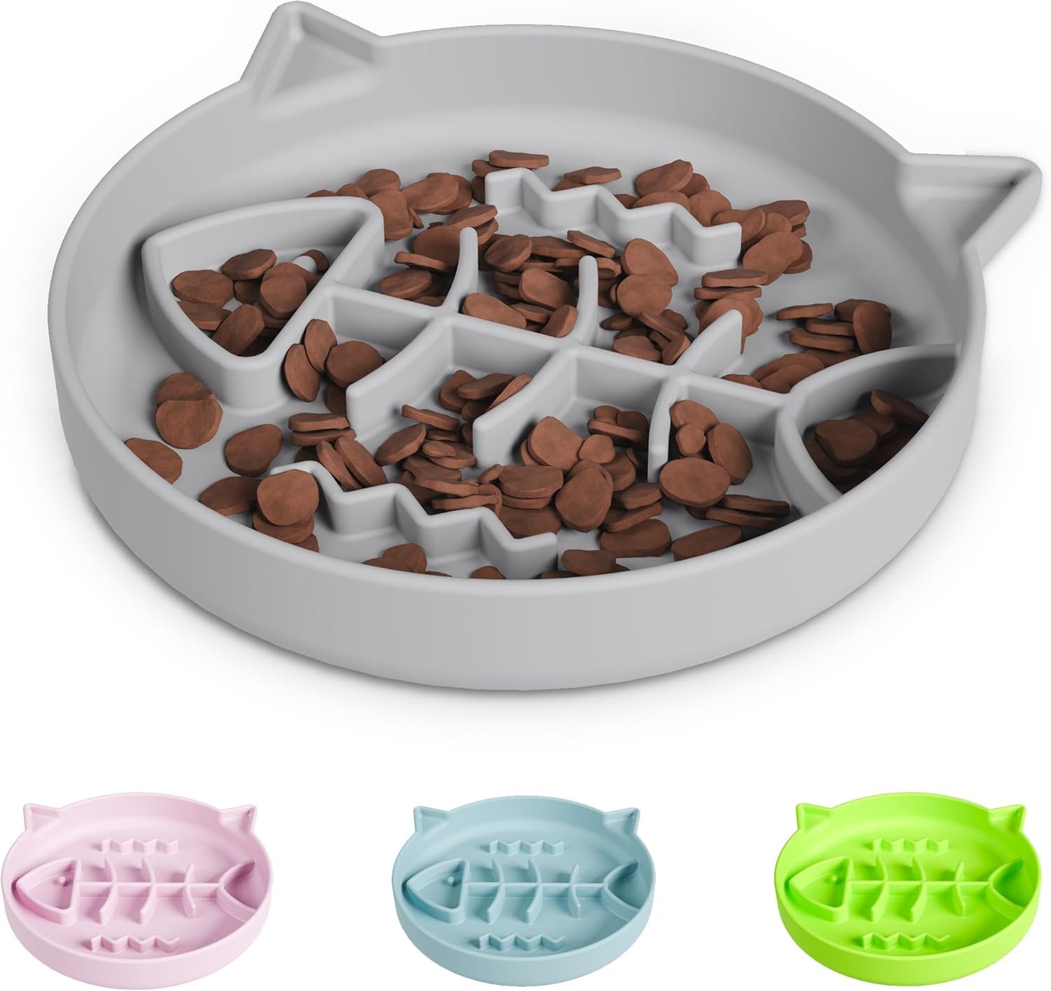 Silicone Cat Slow Feeder Bowl with Suction Cups – Interactive Puzzle Toy to Reduce Overeating in Kitty(Gray, 1 Cup)