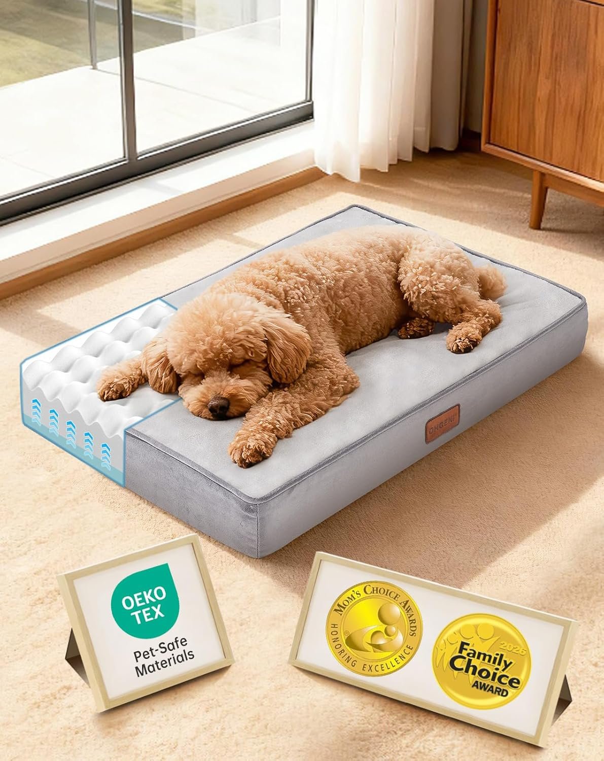 OhGeni Orthopedic Waterproof Dog Bed for Small Dogs, Machine-Washable Removable Cover in Easy-Clean Fabric, Reversible Memory Foam & Easy-Carry Handle, Suitable for Crate, 24 inch (Gray)