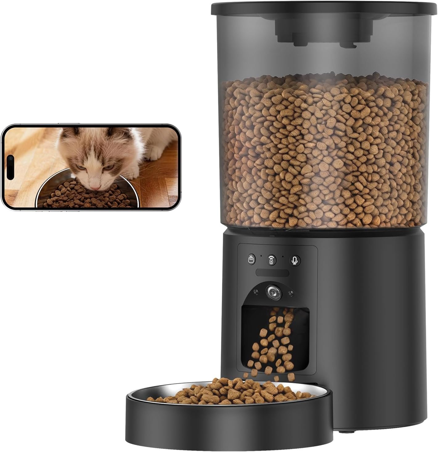 Miaosical Automatic Cat Feeder with Camera,WiFi Cat Food Dispenser with App Control,1080P HD Video,Two-Way Audio, Transparent 4.2L Food Container (Black)
