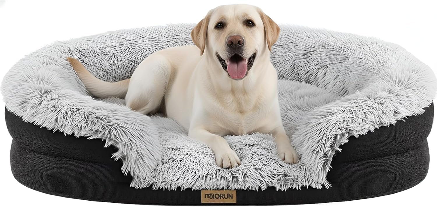 Fluffy Orthopedic Jumbo Dog Bed for Extra Large Dogs, Calming Plush Sofa Bed with Curved Bolster Support, 48″ Cozy Oval Pet Donut Bed with Washable Cover, Gray