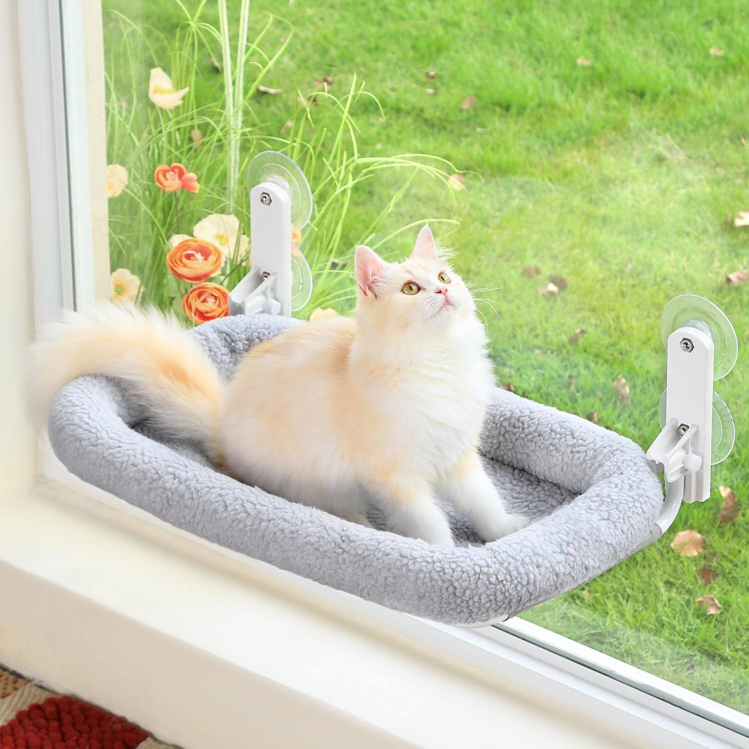 Zakkart Foldable Cat Hammock for Window – Cordless, Embeded Machine Washable Bed, Robust Metal Frame – Cat Window Perch for Large Cats and Kittens (Gray Bolster Bed, Large)