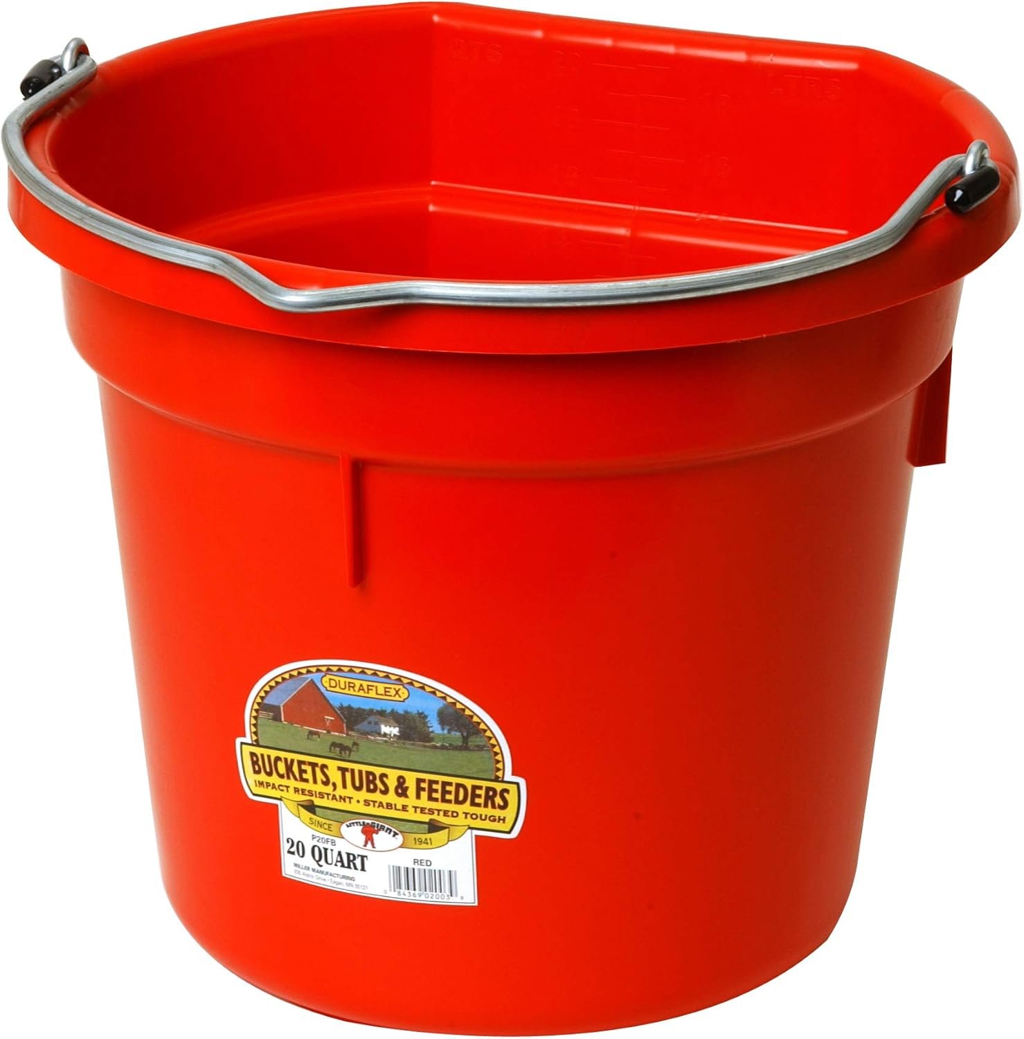 Plastic Animal Feed Bucket (Red) – Little Giant – Flat Back Plastic Feed Bucket with Metal Handle (20 Quarts / 5 Gallons) (Item No. P20FBRED6)
