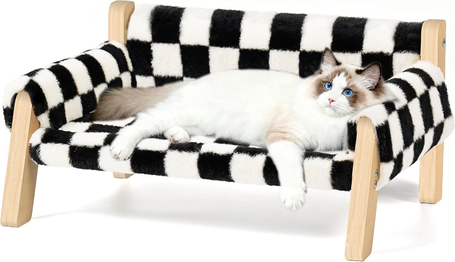 FAMIDGE Elevated Cat Couch Bed for Indoor Cats – Wooden Pet Sofa with Removable Washable Thick Cover Raised Kitty Lounge Chair Suitable for Puppy or Small Animals(Cat Sofa Chessboard)