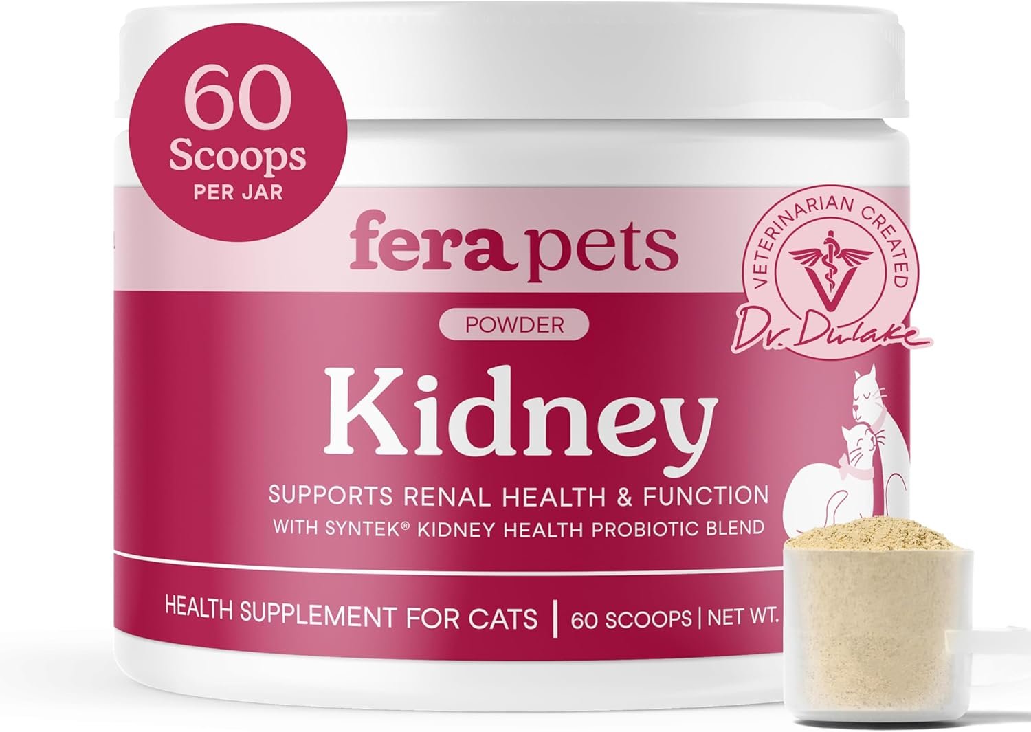 Fera Pets Cat Kidney Support Powder with Antioxidants & Probiotics – Enhances Renal Health & Function – Promotes Regular Detoxification – 60 Scoops