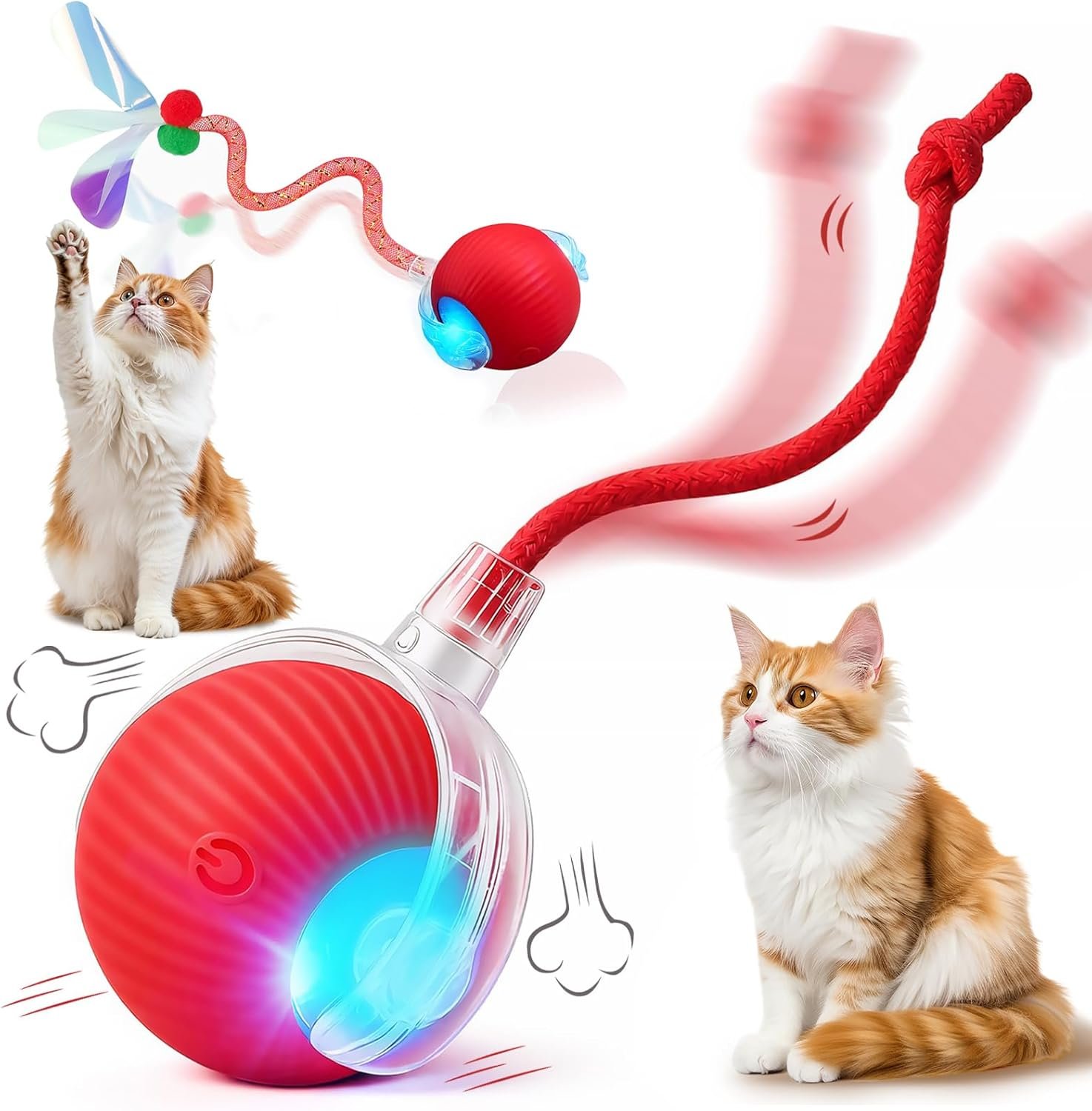 Interactive Cat Toy Ball – 3 LED Modes Motion Activated, Elastic Mesh Tail Type-C Rechargeable Self-Playing Toy for Bored Indoor Cats Kittens, Ideal Gift for Cat Lovers (Red)