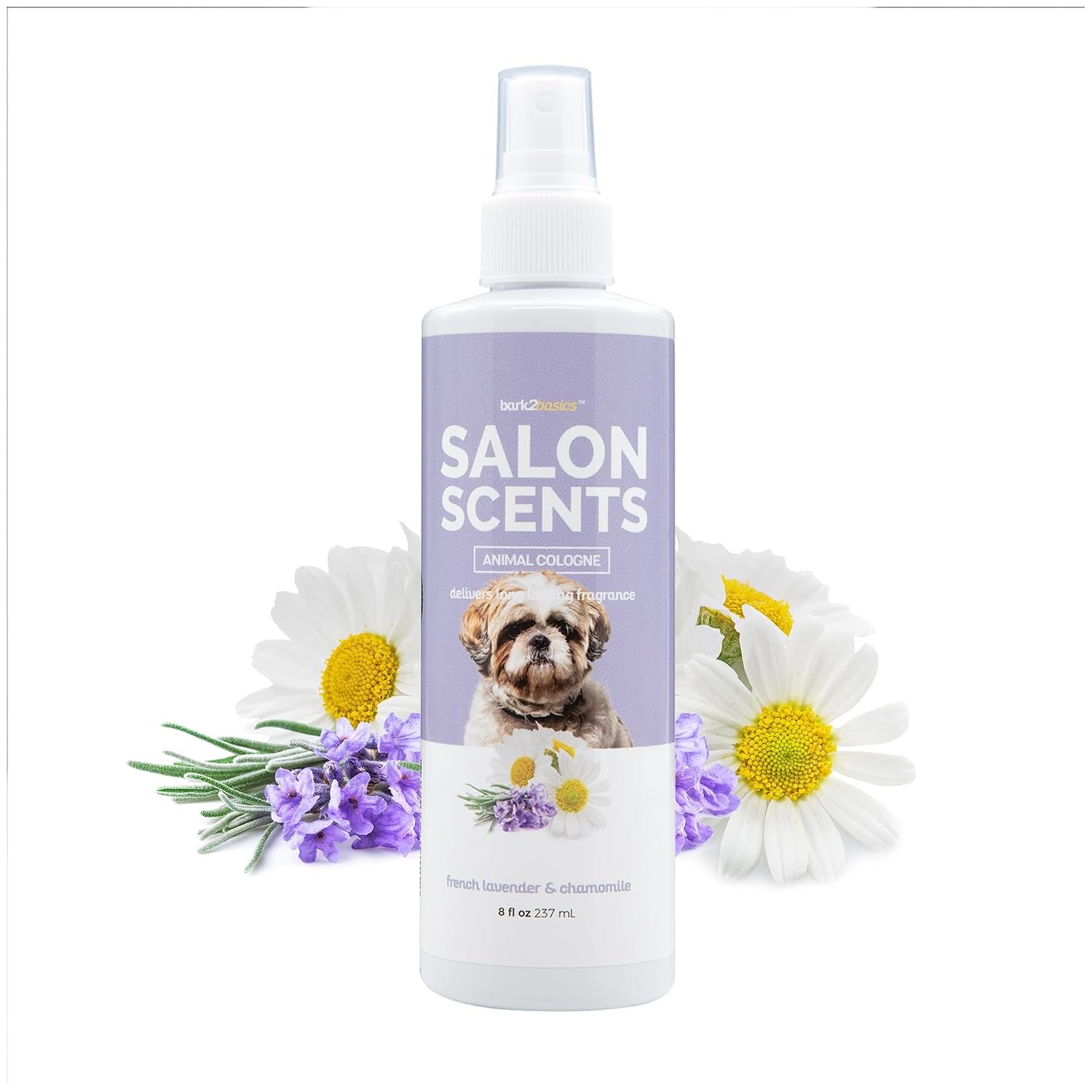 Bark2Basics Salon Scents Pet Grooming Cologne Spray – 8 oz, Natural Professional Perfume for Dogs and Cats, Long Lasting, Deodorizing, Made in The USA (Lavender Chamomile)