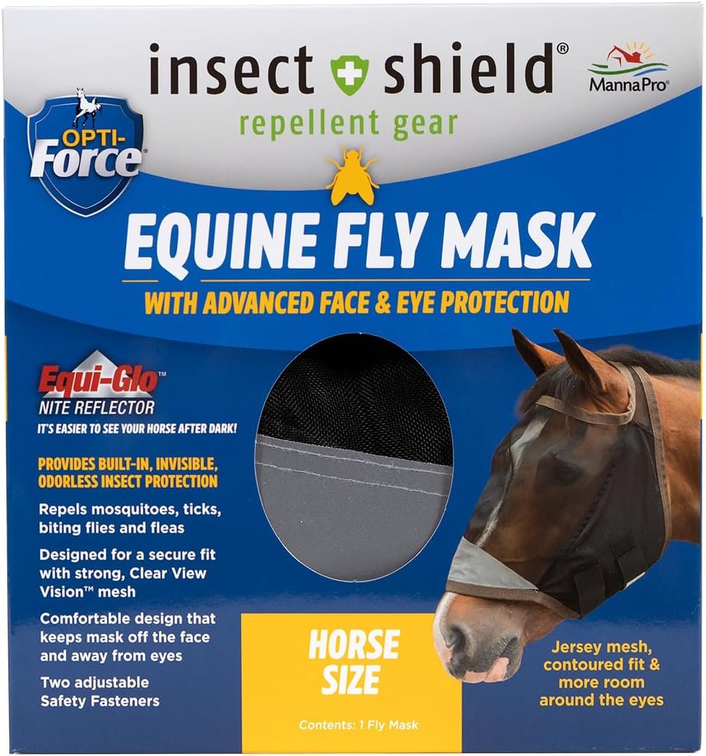 Opti-Force Horse Fly Mask – Insect Shield Repellent UV Protected Clear-View Mesh, Permethrin Treatment, Reflective Night Vis, Lightweight No-Ears Design, Standard Size, Adjustable Straps