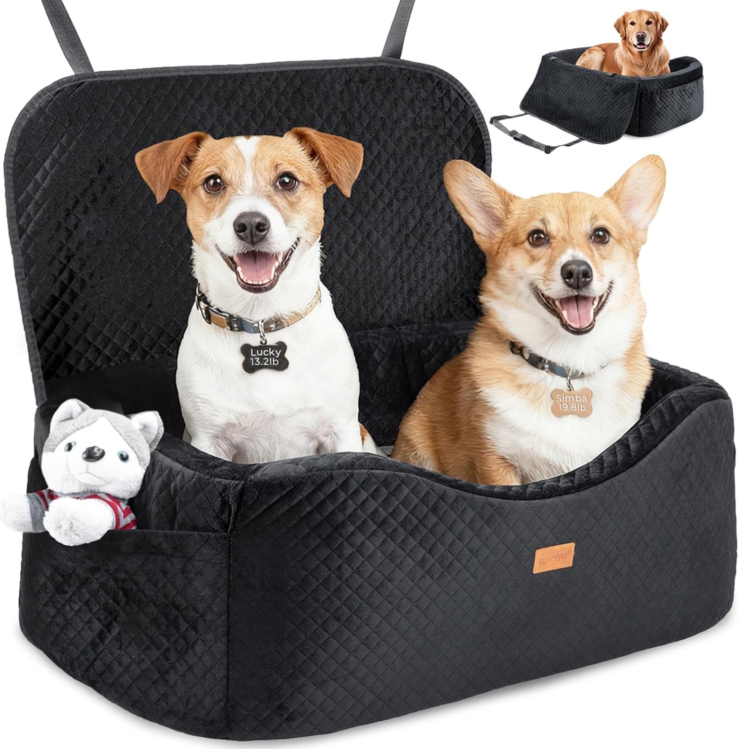 Large Dog Car Seat for Medium Sized, Dog Booster Car Seat, Pet Booster Seats up to 55lbs or 2 Small with 4″ Memory Foam for Back Seat, Triple Safety Belts, Storage Pockets, Detachable/Washable
