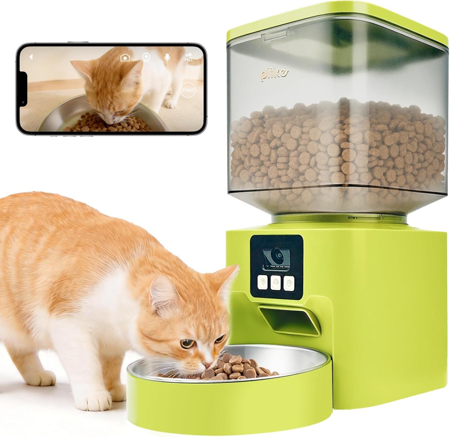 Plike Automatic Cat Feeder with Camera, WiFi Smart Pet Feeder with App Control (2.4G & 5G), 4L Large Capacity, 2-Way Audio & Night Vision, Anti-Clog Food Dispenser for Cats and Small Dogs