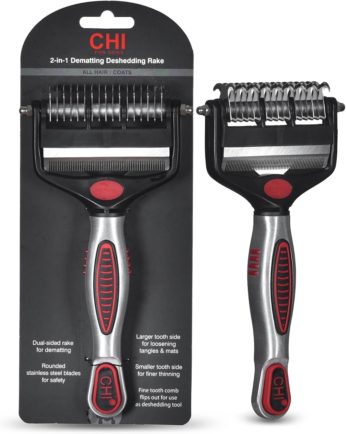 CHI for Dogs 2 in 1 Dematting and Deshedding Rake, Dual Head Dog Grooming Tool with Wide Tooth Dematting Rake and Fine Deshedding Rake, Detangler Comb for Thick Double and Long Dog Coat