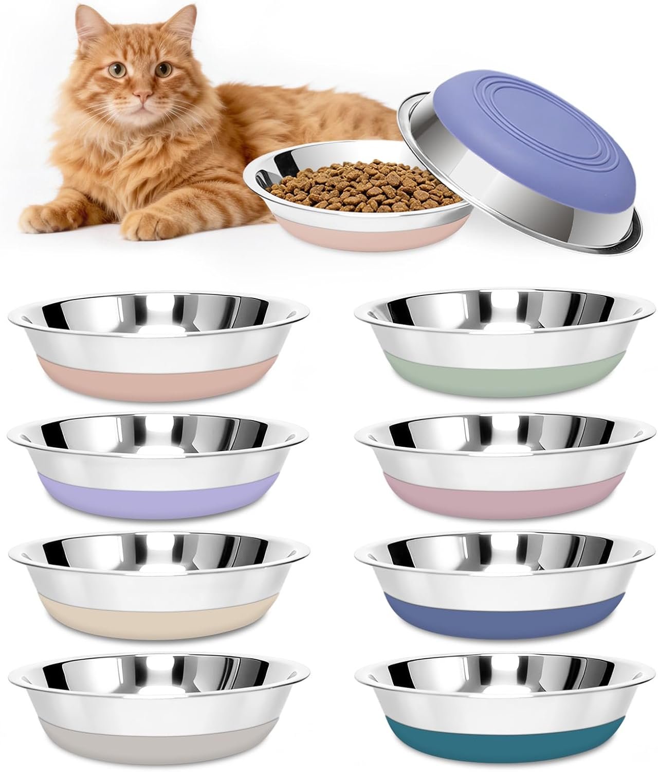 [8 Pack] Stainless Steel Cat Bowls, Cat Dishes Whisker Friendly with Non-Slip Silicone Bottom, Easy to Clean, 5.5″ Shallow Wide Cat Food and Water Feeding Bowl for Indoor Outdoor Cats